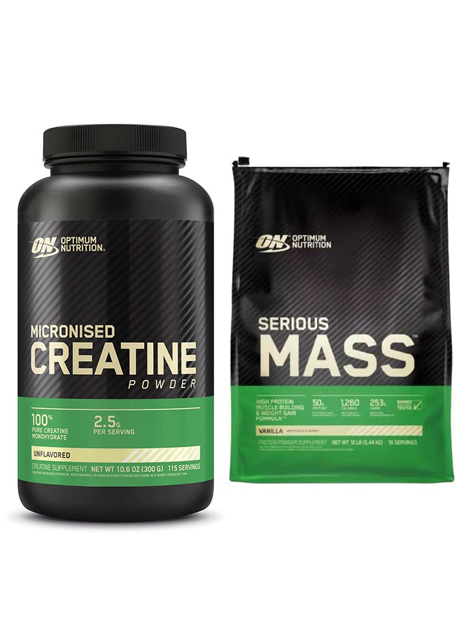 Optimum Nutrition عرض حزمة حصرية - على سيريوس ماس فانيلا 12 رطل ومسحوق الكرياتين المجهرى بدون نكهة 300 جرام 115 حصة - Image 1